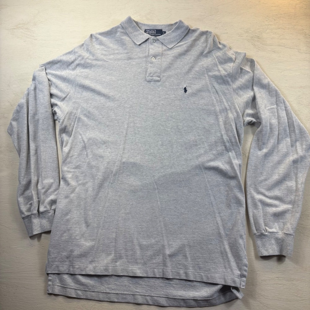 Polo Ralph Lauren Mens XL Grey Long Sleeve Pique Polo Shirt Cotton Silver Label